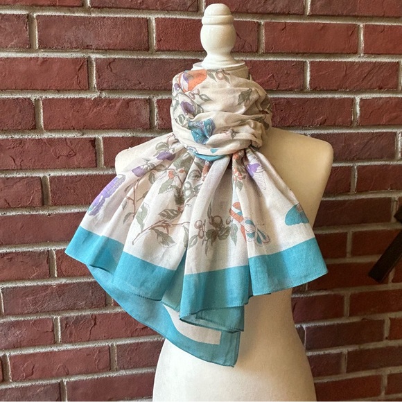 •Ginnie Johansen Vintage 87’Cotton Floral Butterfly Shawl Scarf Made In Japan - Picture 11 of 13